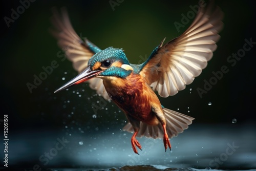 A vibrant blue and orange bird soaring above a serene body of water. Perfect for nature and wildlife themes © Fotograf