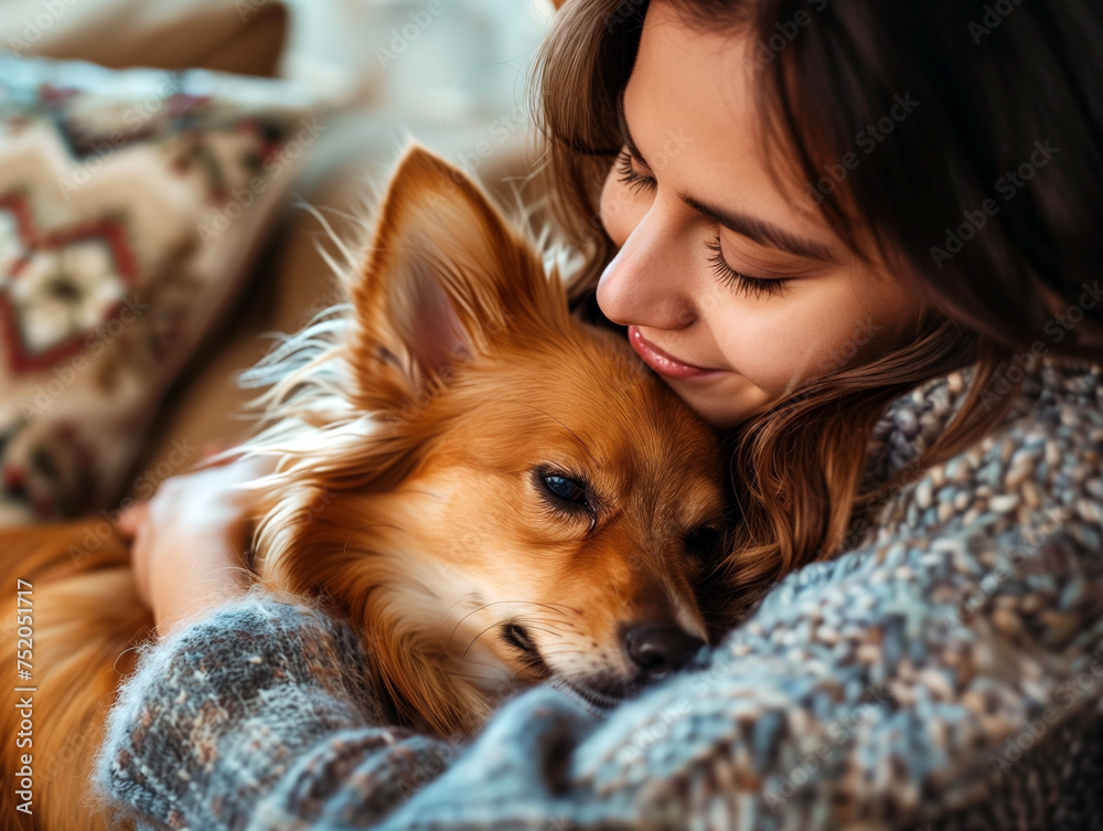 Woman embracing the comfort of home with her beloved dog Woman embracing the comfort of home with her beloved dog