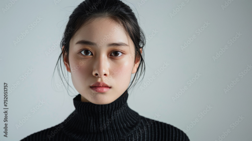 Beautiful studio portrait of young, stylish asian woman, long hair, looking at camera with confidence on white background Beautiful studio portrait of young, stylish asian woman, long hair, looking at camera with confidence on white background