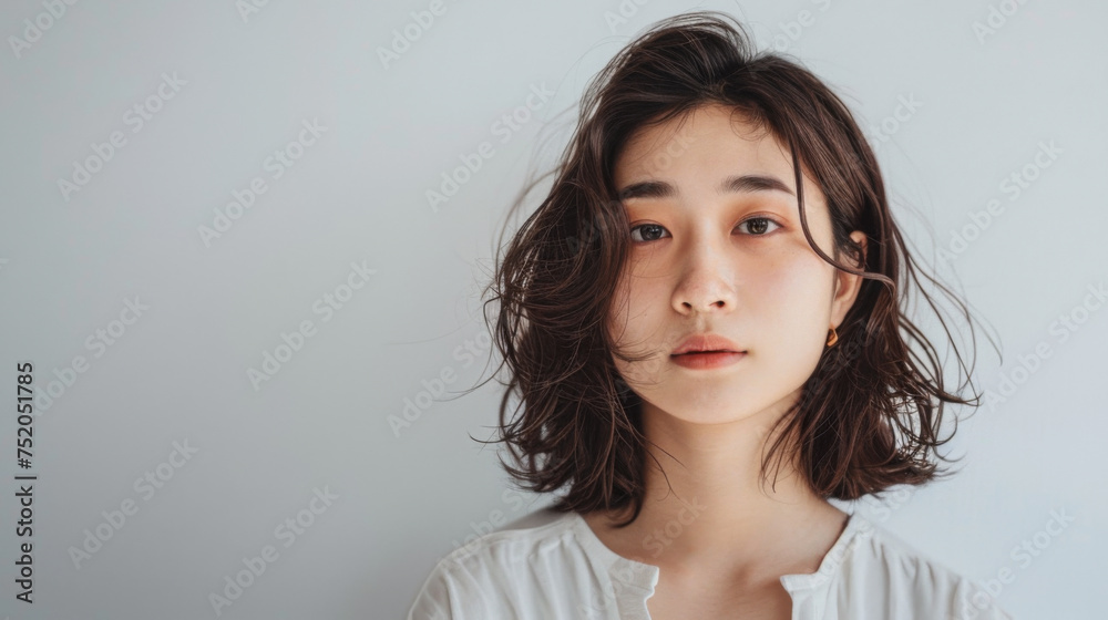Beautiful studio portrait of young, stylish asian woman, long hair, looking at camera with confidence on white background Beautiful studio portrait of young, stylish asian woman, long hair, looking at camera with confidence on white background
