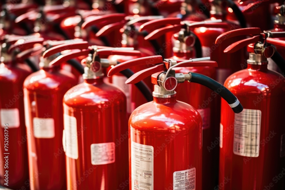 A row of red fire extinguishers, useful for safety and emergency situations