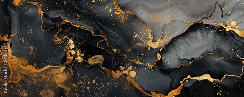 Abstract marble pattern with liquid ink paint texture in black and gold, showcasing luxurious stone colors and crack-like textures.
