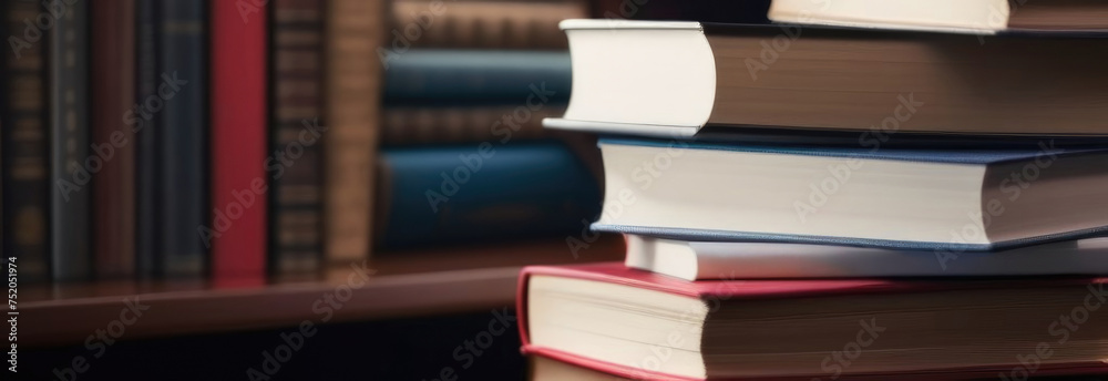 Stack of old books on wooden table, many books on bookshelf on background, copy space for text, Book tops, Old and big books. Educational concept. Close up. Banner Stack of old books on wooden table, many books on bookshelf on background, copy space for text, Book tops, Old and big books. Educational concept. Close up. Banner