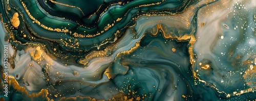 Abstract marble pattern with green and gold  showcasing luxury in a liquid ink paint texture.