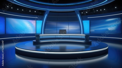A modern TV studio with a large screen and a bench. Perfect for broadcasting or filming events