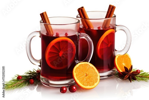 Two glasses of mulled wine with fresh orange slices and cinnamon sticks. Perfect for holiday celebrations