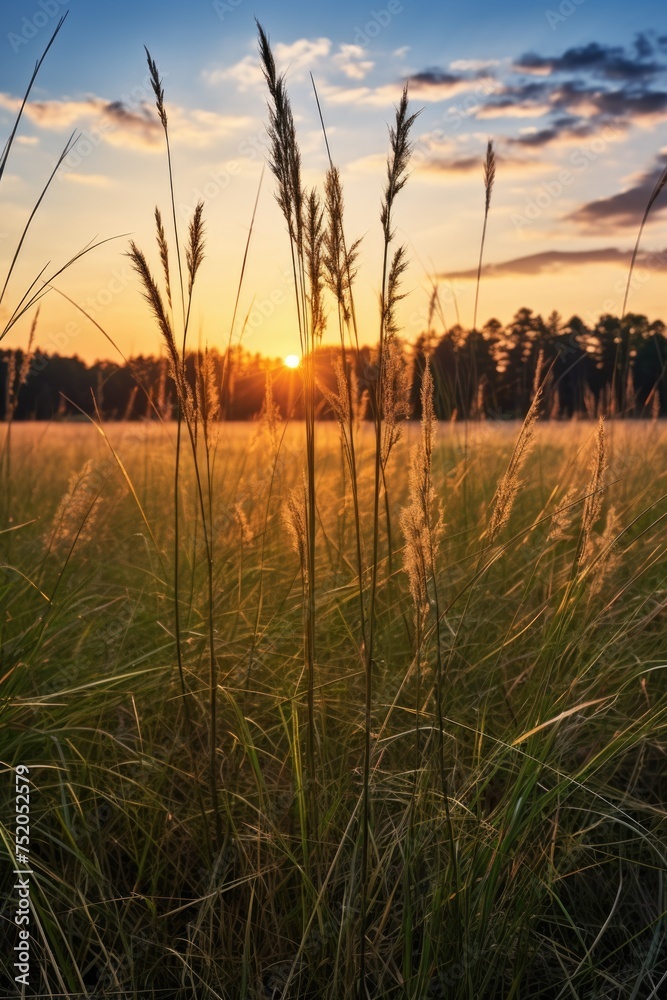 Beautiful sunset over a peaceful grass field, ideal for nature backgrounds