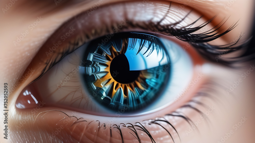 Fototapeta premium Close up view of beautiful blue female eye, macro
