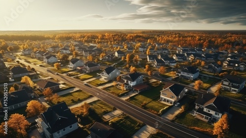 Aerial view of houses in a colorful autumn neighborhood, suitable for real estate or seasonal concepts