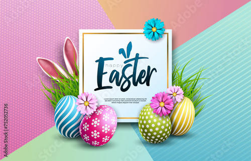 Happy Easter Holiday Design with Painted Egg, Flower and Rabbit Ears on Abstract Colorful Background. International Religious Vector Celebration Illustration with Typography for Greeting Card, Party