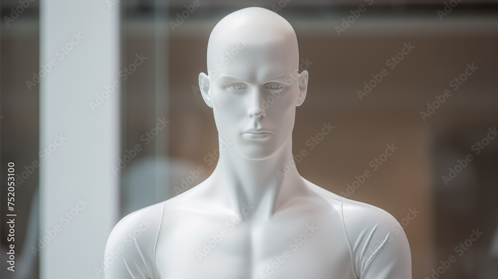 A white mannequin on display in a storefront window. Suitable for fashion or retail concepts A white mannequin on display in a storefront window. Suitable for fashion or retail concepts