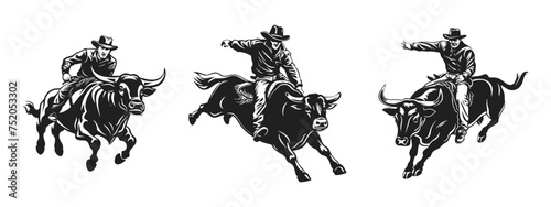 Rodeo vector illustration. Cowboy riding bull hand drawn black on white background. Male rider bucking silhouette photo