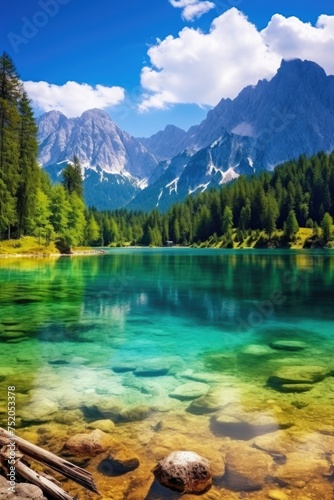 Peaceful landscape of a lake, trees, and mountains. Perfect for nature and travel concepts