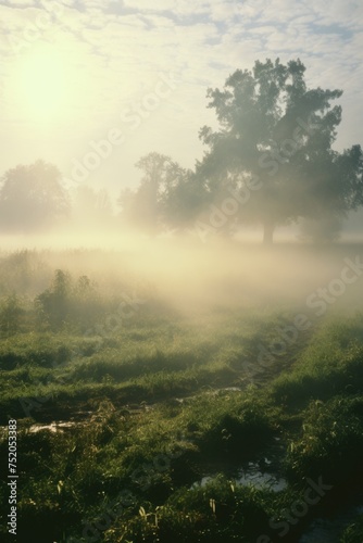 A cow standing in a foggy field, suitable for agricultural and nature themes