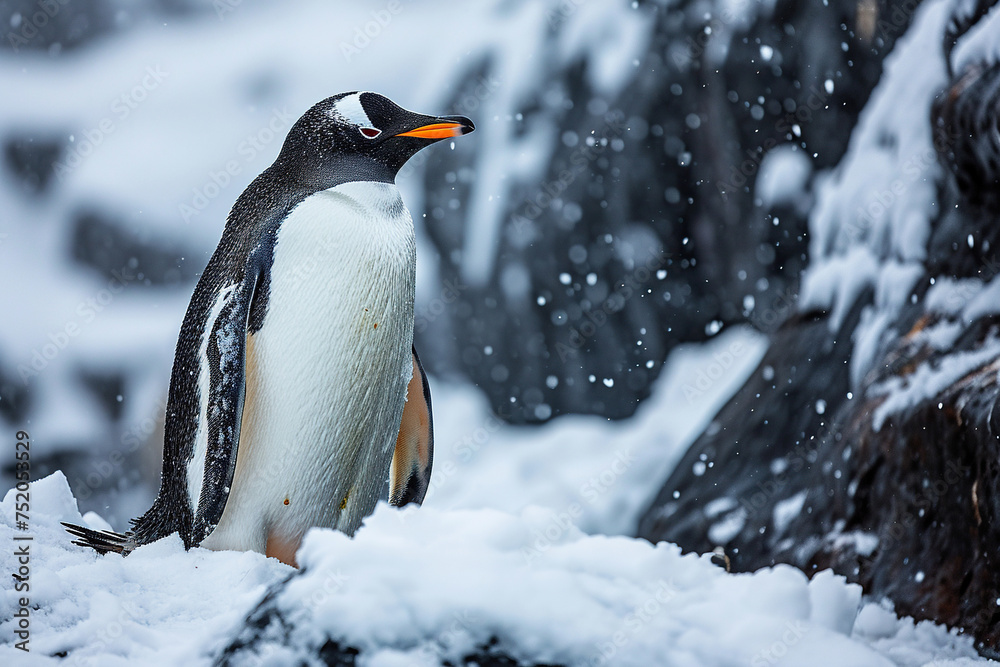 Fototapeta premium Close-up of an emperor penguin near a snow-covered rock. Generated by artificial intelligence