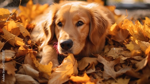 A dog relaxing in a pile of fallen leaves. Suitable for autumn-themed designs