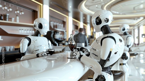 Humanoid robots with a glass of wine sitting casually at a high-end bar, showcasing an integration of robotics in daily life.