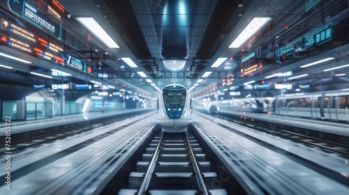 A sleek, futuristic train glides into a state-of-the-art subway station, with dynamic information displays adding to the high-tech ambiance.
