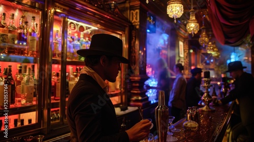 An elegantly dressed gentleman in a vintage speakeasy bar, mixing a drink amidst the rich, warm ambience of the prohibition era. © doraclub