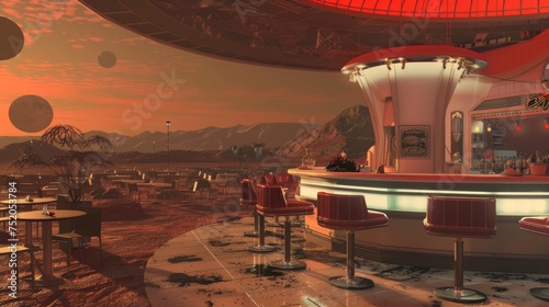 A retro-futuristic diner offers a panoramic view of a Mars-like landscape under a dusky sky, with a hint of vintage Americana on an alien world. © doraclub