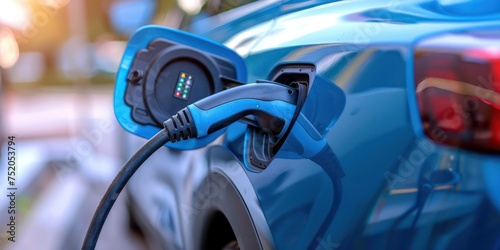 Close-up of an electric vehicle being charged, displaying the electric vehicle charger plug