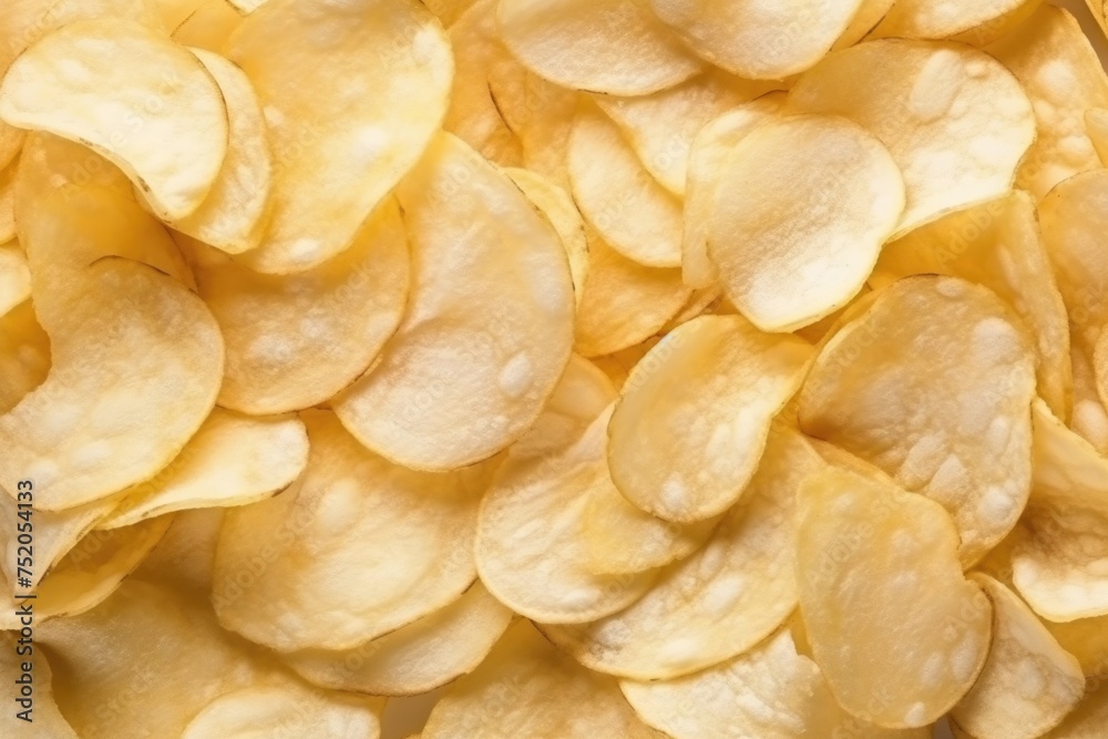 A pile of potato chips on top of a table. Suitable for food and snack concepts