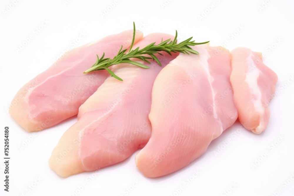 Three pieces of raw chicken with a sprig of rosemary. Ideal for food and cooking concepts Three pieces of raw chicken with a sprig of rosemary. Ideal for food and cooking concepts