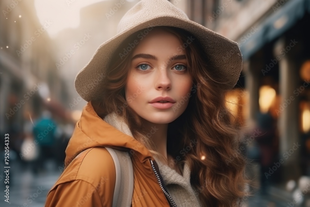 A woman wearing a hat and jacket on a bustling city street. Suitable for urban lifestyle themes