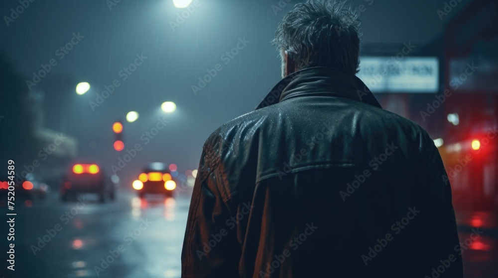 A man standing in the middle of a street at night. Suitable for urban and nightlife themes A man standing in the middle of a street at night. Suitable for urban and nightlife themes