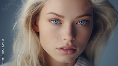 A beautiful woman with blue eyes posing for a photo. Suitable for various projects