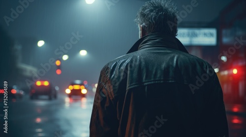 A man standing in the middle of a street at night. Suitable for urban and nightlife themes