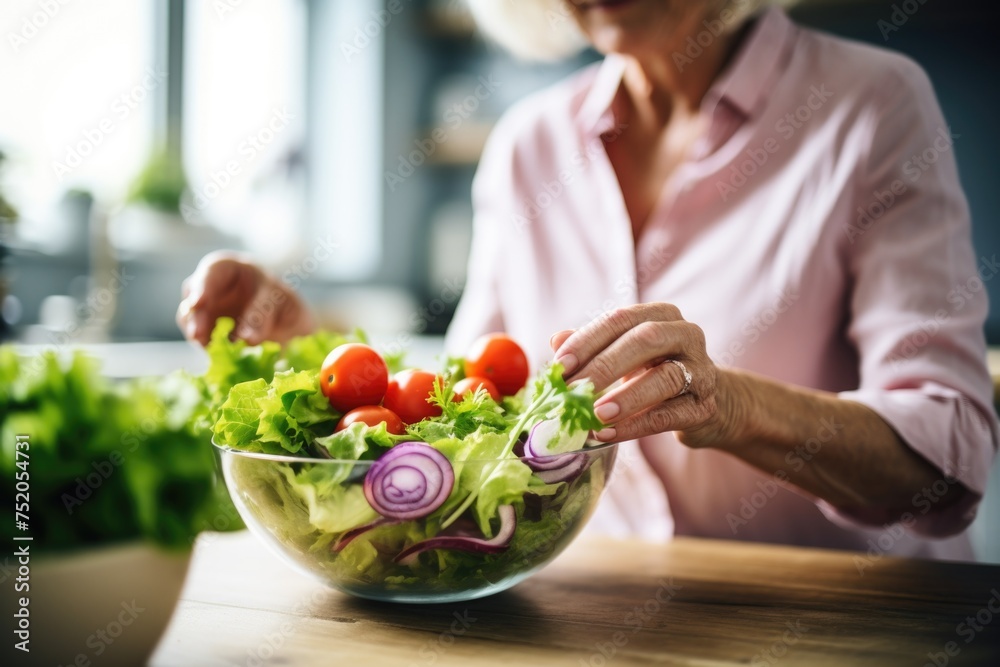 A woman in a pink shirt preparing a healthy salad. Perfect for cooking or healthy lifestyle concepts A woman in a pink shirt preparing a healthy salad. Perfect for cooking or healthy lifestyle concepts
