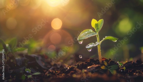 young plant with drop of water in sunlight, Growing plant grow up