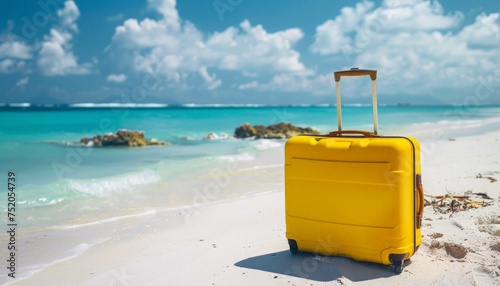 Yellow luggage suitcase on the beautiful beach with white sand © Ainur