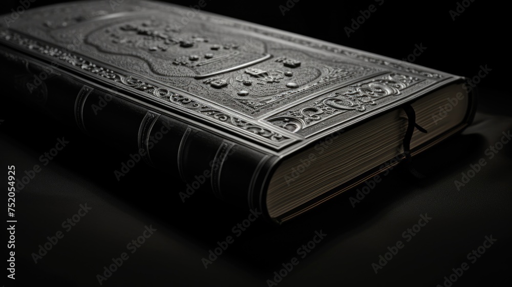 A black book with a silver cover on a table, suitable for educational or office themes A black book with a silver cover on a table, suitable for educational or office themes