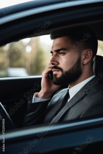 cropped shot of a man making a phone call while sitting in his car © Sergey