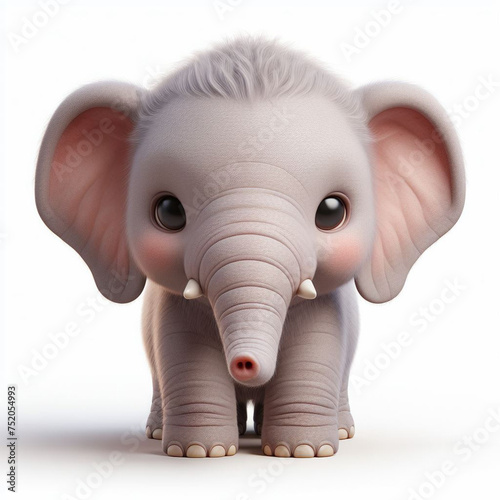 Realistic whole body of cute elephant 3d animal in front view with white background