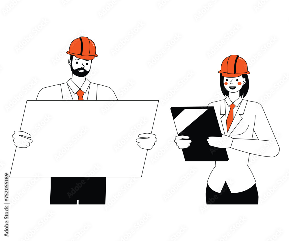 Engineering people working character outline flat and minimal vector illustration design style. Presentation in various action. Engineering people working character outline flat and minimal vector illustration design style. Presentation in various action.