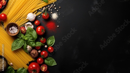 Assorted food items on a black table, suitable for various concepts