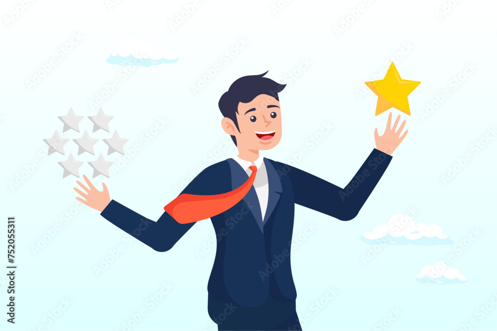 Smart businessman holding precious high quality stars vs other ordinary stars, quality vs quantity, management to assure excellent work outcome, working attitude to deliver superior result (Vector) Smart businessman holding precious high quality stars vs other ordinary stars, quality vs quantity, management to assure excellent work outcome, working attitude to deliver superior result (Vector)