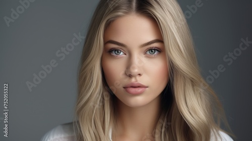 A portrait of a woman with long blonde hair and striking blue eyes. Suitable for beauty and fashion concepts