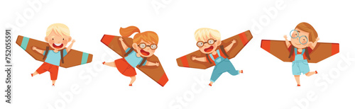 Little Boy and Girl with Cardboard Wings Dream of Flying Vector Set