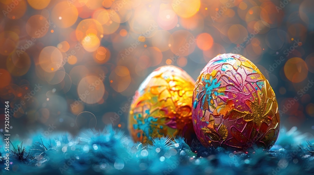 Easter eggs painted with colors, creative eggs, pysanky on dark blurred background. Paint splashes and swirls Easter eggs painted with colors, creative eggs, pysanky on dark blurred background. Paint splashes and swirls