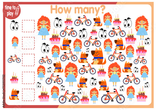 math card for children. studying numbers. children's logic problems. figurines for children. number. Funny animals. count the objects and write down their quantity