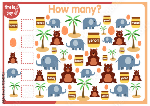 math card for children. studying numbers. children's logic problems. figurines for children. number. Funny animals. count the objects and write down their quantity