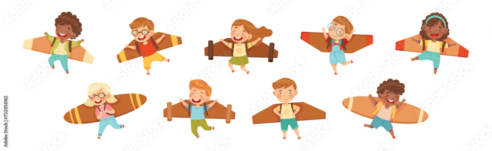 Little Boy and Girl with Cardboard Wings Dream of Flying Vector Set