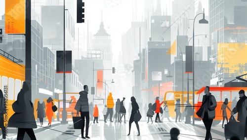 People in rush hour, captured in a cityscape reflecting formalist aesthetics; an abstract still life with light, black, and gray minimal lines, set against a warm color palette.