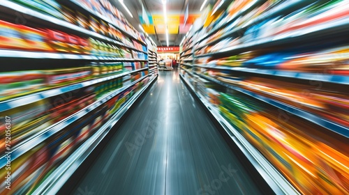 Supermarket seen from a drive-off camera. Vibrant colors with the environment in motion blur.