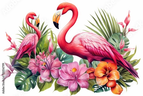 Two flamingos standing side by side. Suitable for nature and wildlife concepts
