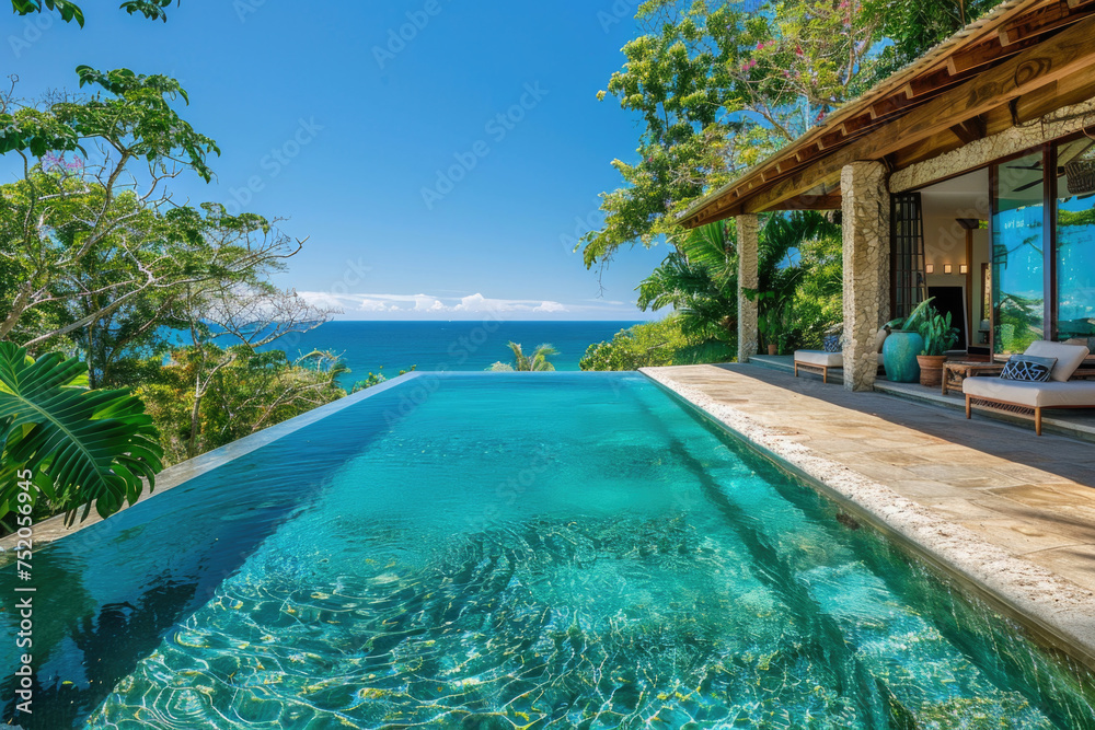 Infinity pool with clear, blue water, surrounded by lush greenery and ocean view